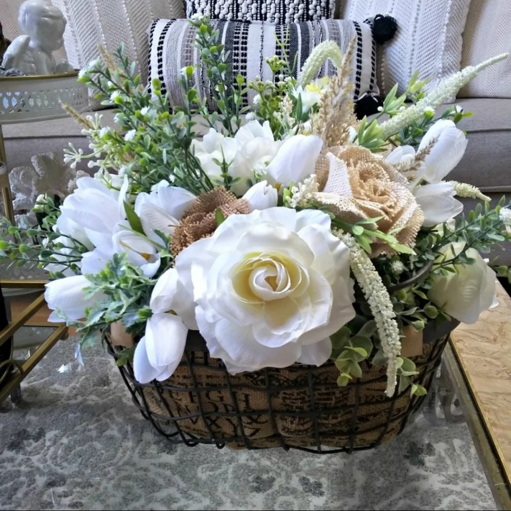 🧺 RUSTIC French COTTAGE Wire BASKET Burlap ROSES DECOR 🧺
